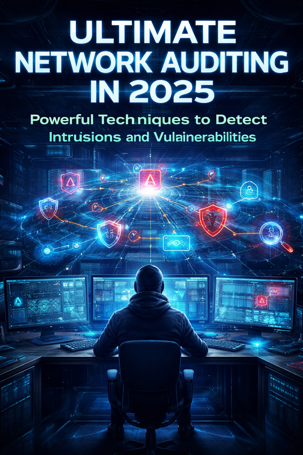 Network Auditing in 2025 showing a futuristic cybersecurity operations center monitoring global network traffic, detecting intrusions and vulnerabilities in real time through advanced dashboards and digital data streams.
