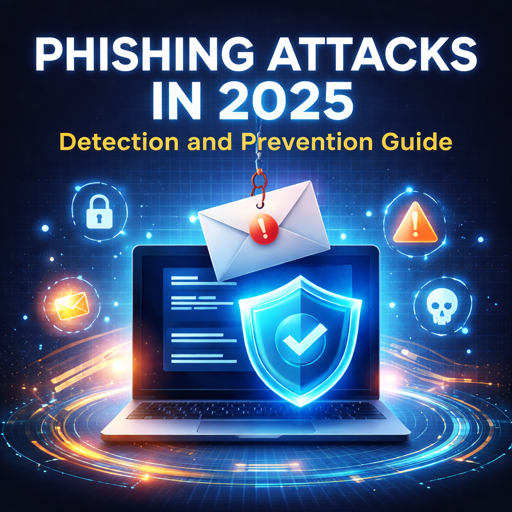 Phishing Attacks in 2025 Detection and Prevention Guide cybersecurity infographic showing laptop with shield protection and phishing email attack concept in a digital security theme blue background square format
