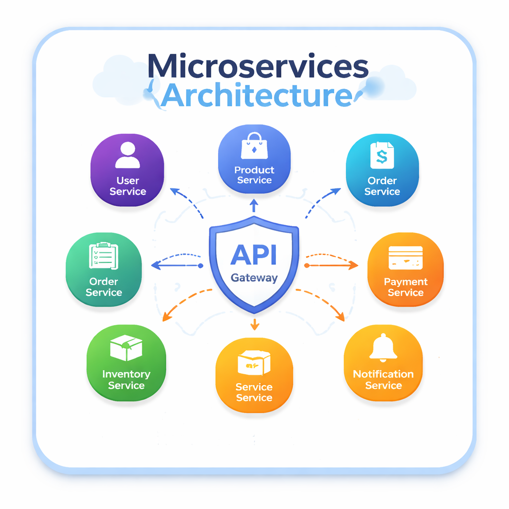 Microservices architecture in 2025 showing distributed cloud services communicating through APIs in a modern scalable system design
