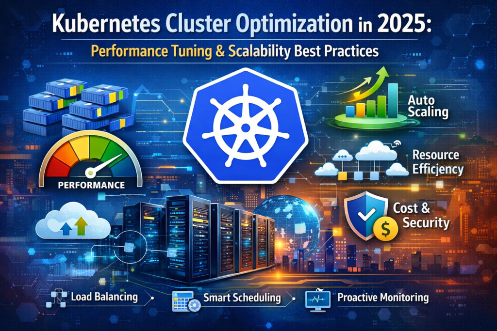 Kubernetes Cluster Optimization in 2025 showing a modern cloud infrastructure with scalable container orchestration and performance monitoring systems
