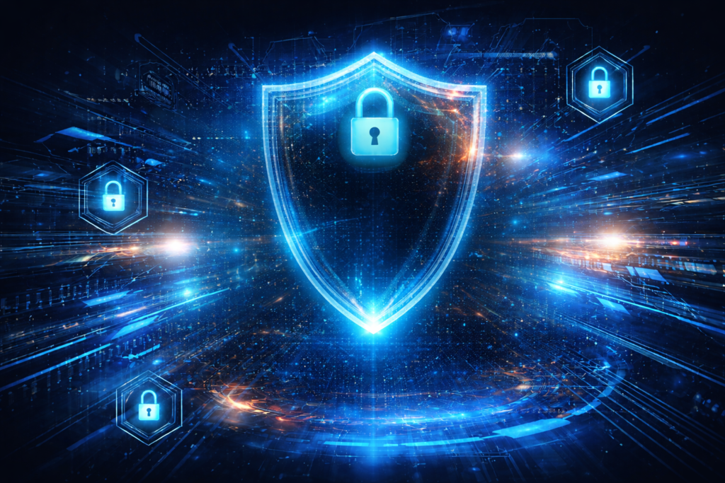 Zero-day attack prevention concept with secure digital shield, encrypted data flow, and advanced cybersecurity network in a futuristic environment