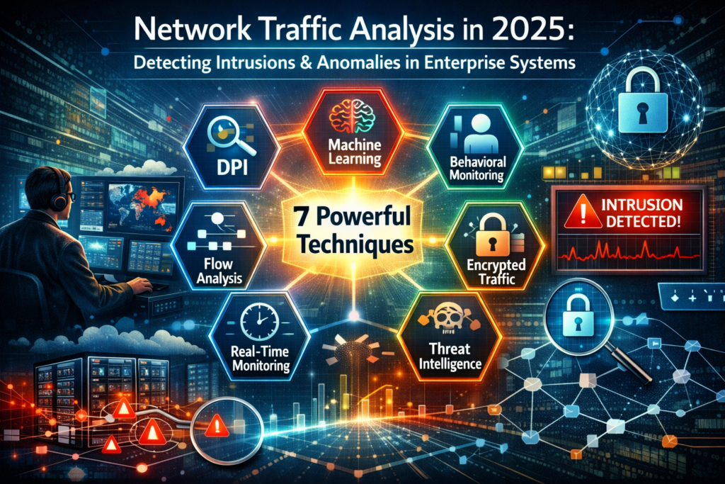 Network traffic analysis visualization with real-time data flow, cybersecurity monitoring dashboard, anomaly detection, and secure enterprise network environment