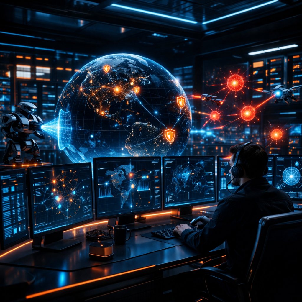 SIEM Evolution in 2025 showing an advanced Security Operations Center with real-time security monitoring dashboards, AI-driven threat detection systems, and automated incident response workflows in a futuristic cybersecurity environment.