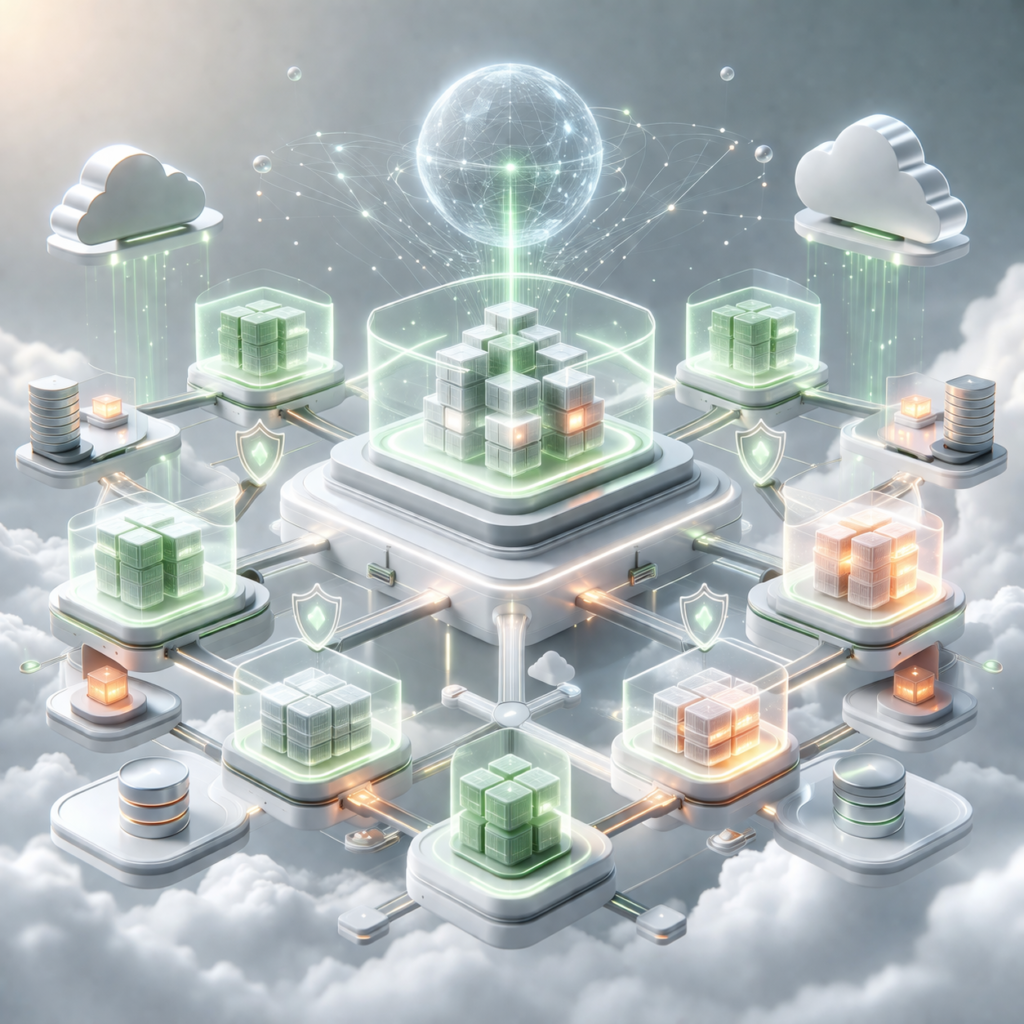 Cloud-native application security in 2025 showing a futuristic digital ecosystem of microservices protected by secure encrypted connections and AI-driven monitoring.