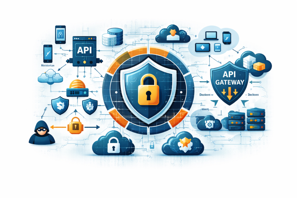 Secure API Development Practices illustrated with a cybersecurity shield, network connections, and cloud infrastructure showing secure data flow