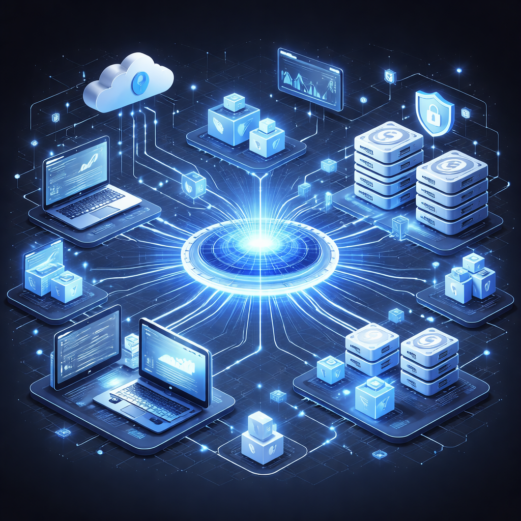 Modern Web Architecture with scalable cloud systems, API connections, and distributed network infrastructure for high-performance web applications