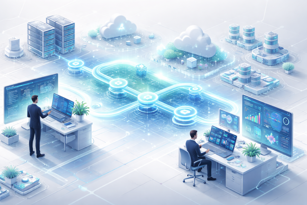 Next-Gen DevSecOps automation showing CI/CD pipeline workflow with cloud infrastructure, AI monitoring dashboards, and automated software deployment process in a modern cybersecurity environment.
