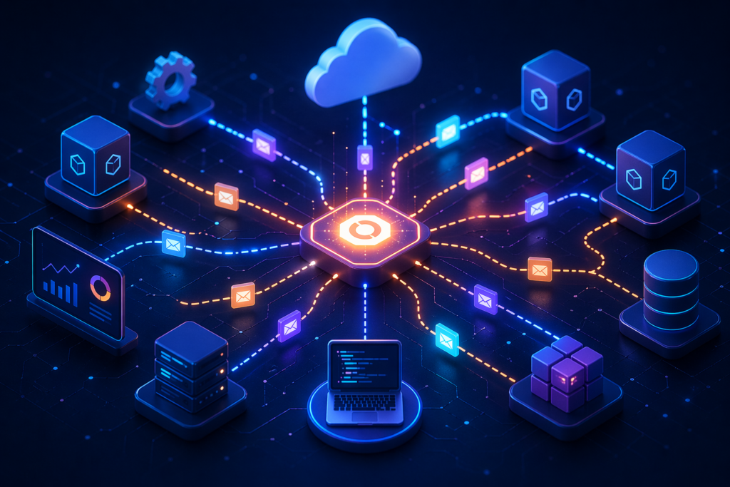 Event-Driven Architecture 2025 scalable real-time microservices system with distributed cloud network and message-driven services visualization