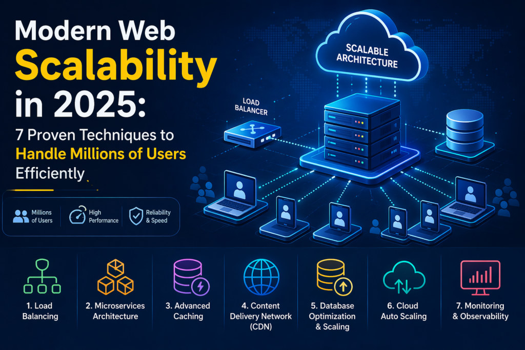 Modern Web Scalability in 2025 illustrating advanced cloud-based architecture, distributed servers, load balancing systems, and high-performance infrastructure designed to handle millions of users efficiently.
