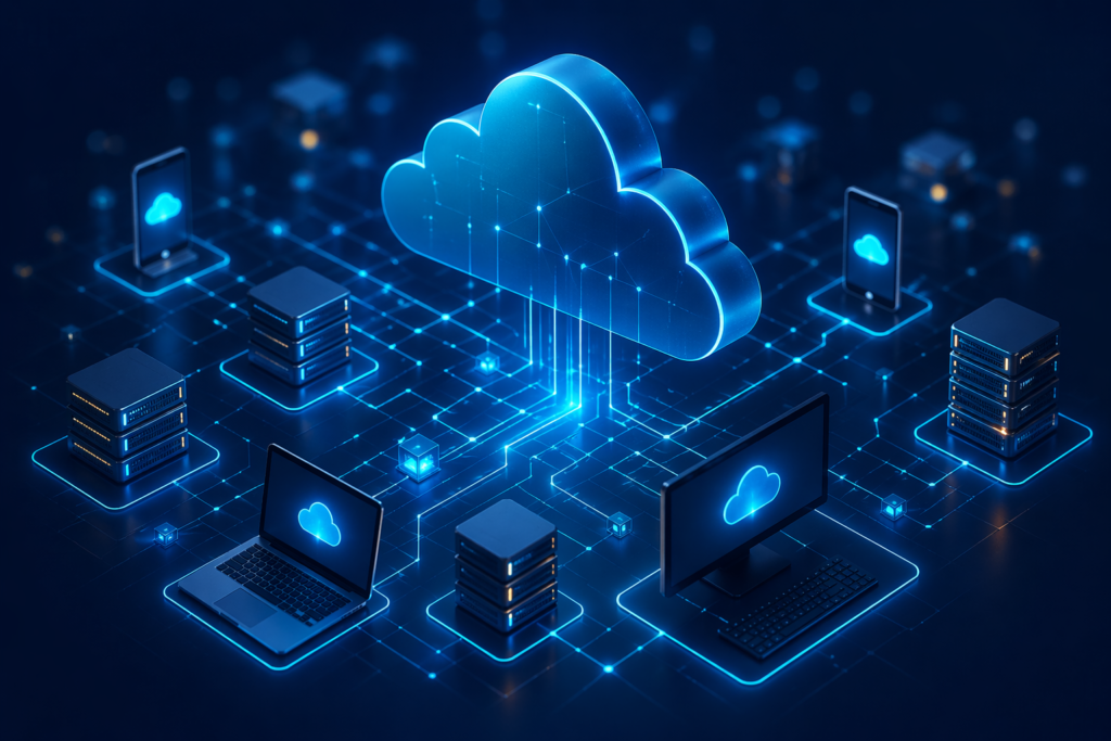 Futuristic serverless computing cloud architecture showing interconnected cloud servers, devices, and data flow representing scalable and cost-efficient cloud systems in 2025
