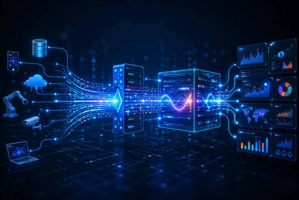 Futuristic real-time data streaming systems visualization showing continuous data flow between devices, servers, and analytics dashboards in a high-tech digital environment