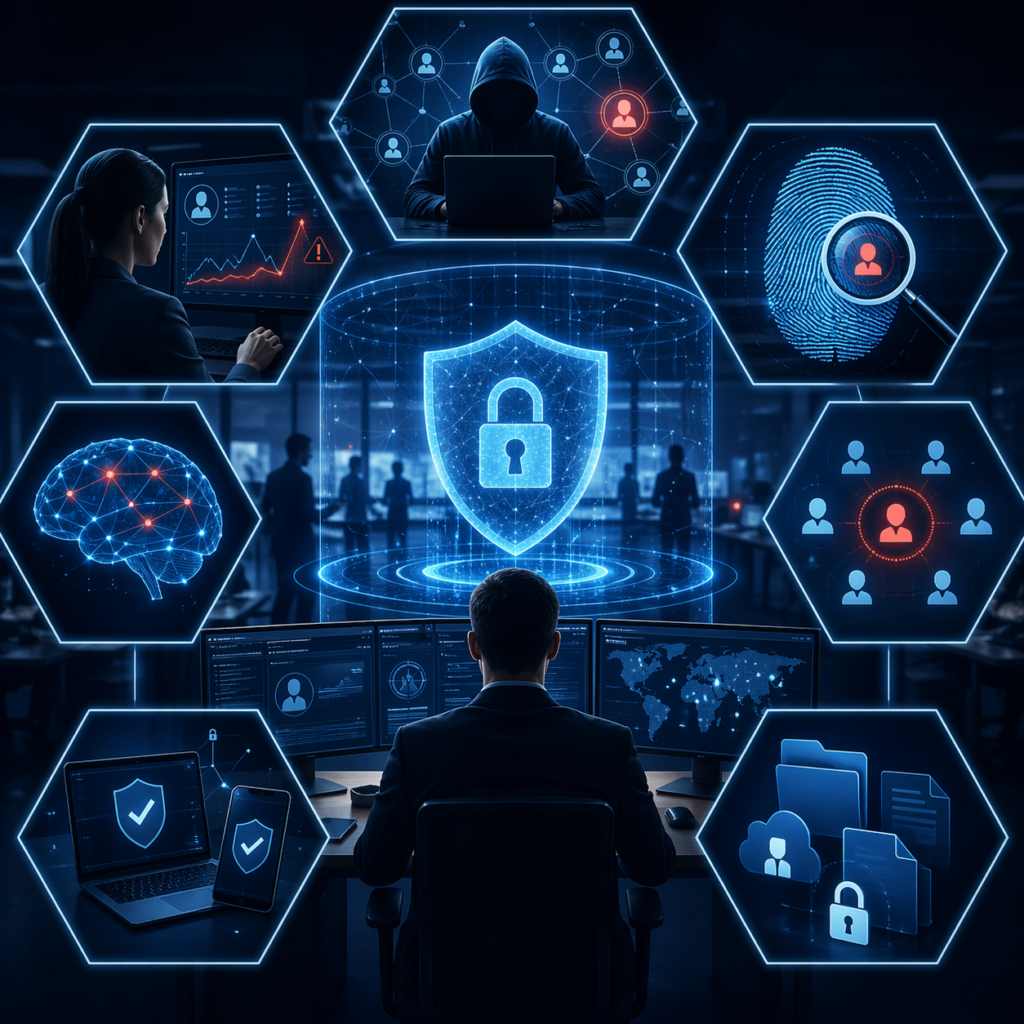 Insider Threat Detection in 2025 showing cybersecurity monitoring, user behavior analytics, and internal data protection systems
