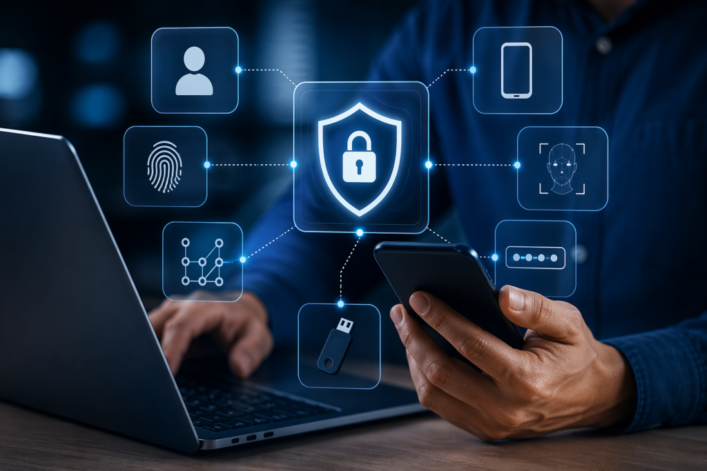 Multi-Factor Authentication (MFA) in 2025 showing secure user authentication with biometric verification, OTP devices, and cybersecurity protection systems