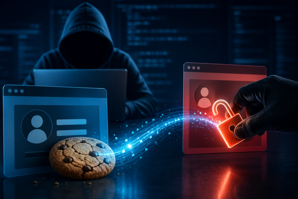 Close-up cinematic illustration of session hijacking attacks showing stolen session cookies, unlocked digital security padlock, and hacker intercepting user authentication data in a dark futuristic interface.