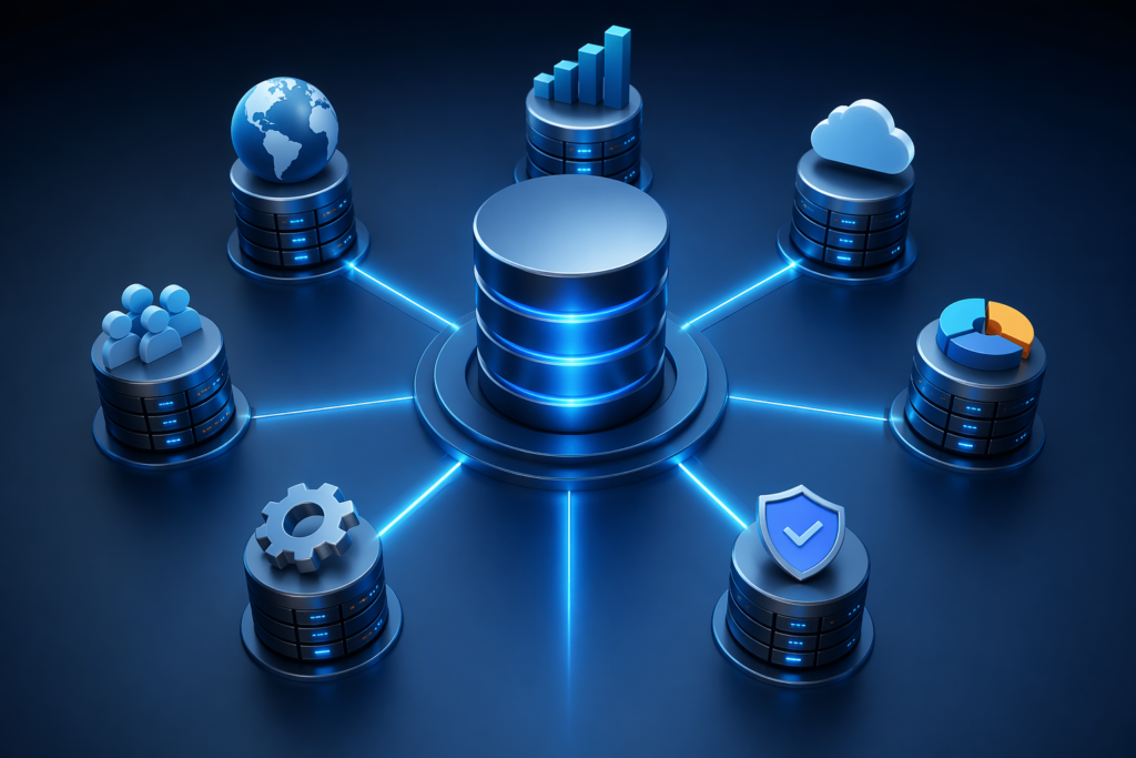 Futuristic database sharding architecture showing a central database connected to multiple distributed server nodes representing scalable high-traffic system design