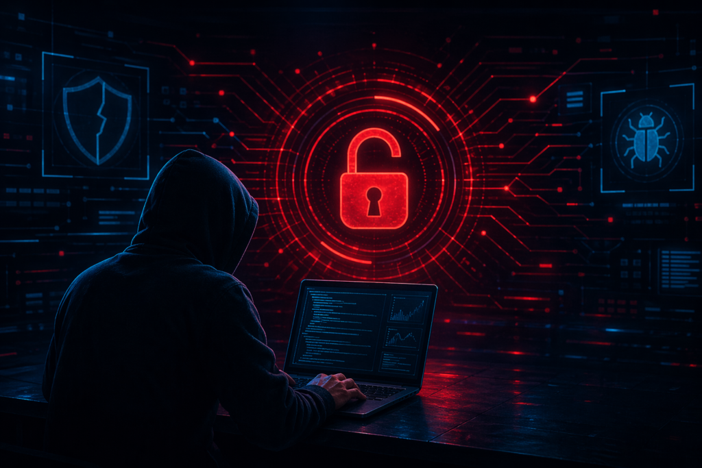 Zero-Day Vulnerability Exploits concept showing hacker accessing system through unknown security flaw in cybersecurity environment

