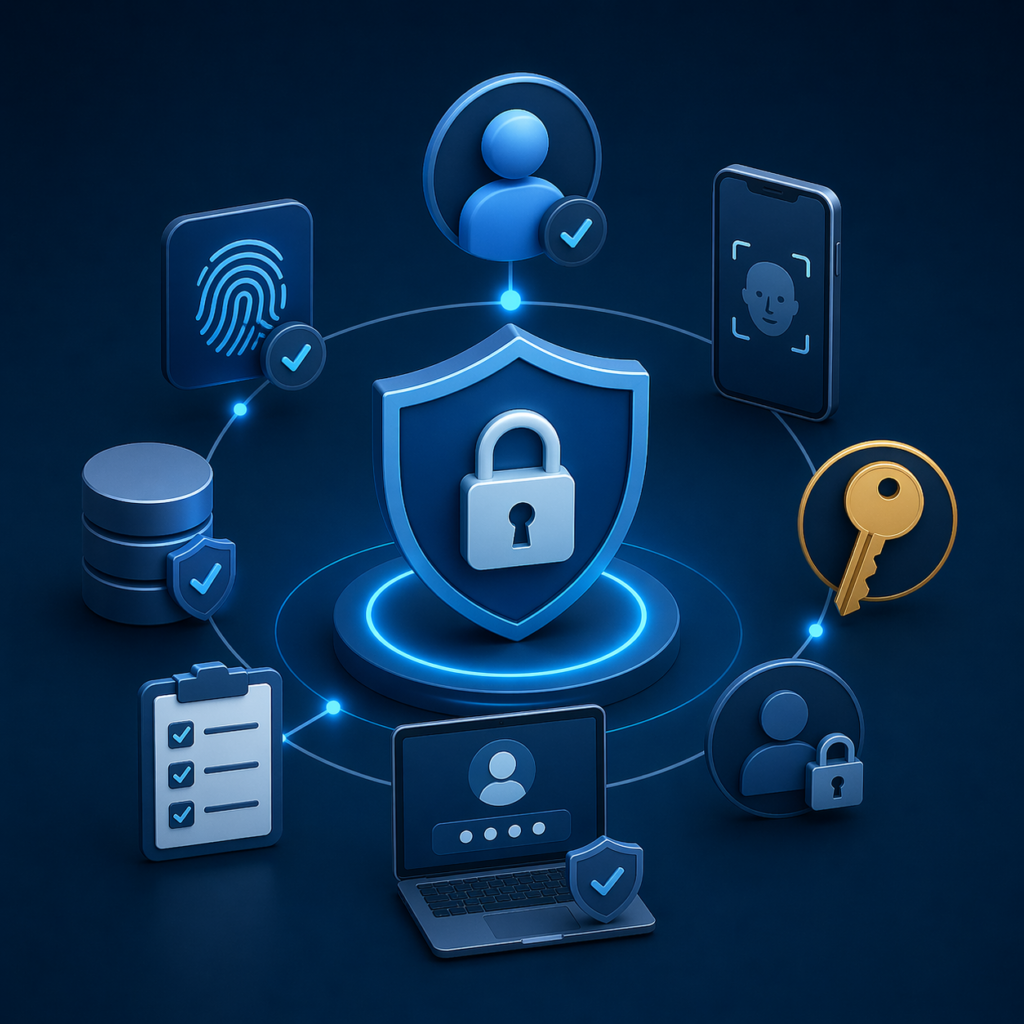 Identity and Access Management IAM concept showing secure login authentication with multi-factor access control and cybersecurity protection system