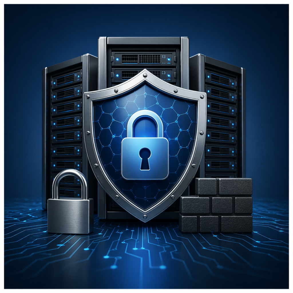 Futuristic cybersecurity concept showing server infrastructure protected by a digital shield and lock symbol representing server hardening techniques, firewall protection, and data security in a modern data center environment.