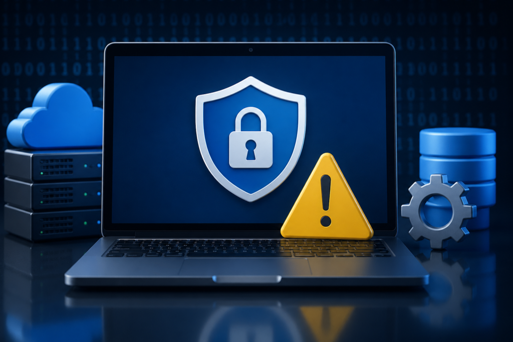 Security Misconfiguration in Web Applications concept showing a cybersecurity themed laptop with shield and warning icon representing web application security risks and OWASP vulnerabilities
