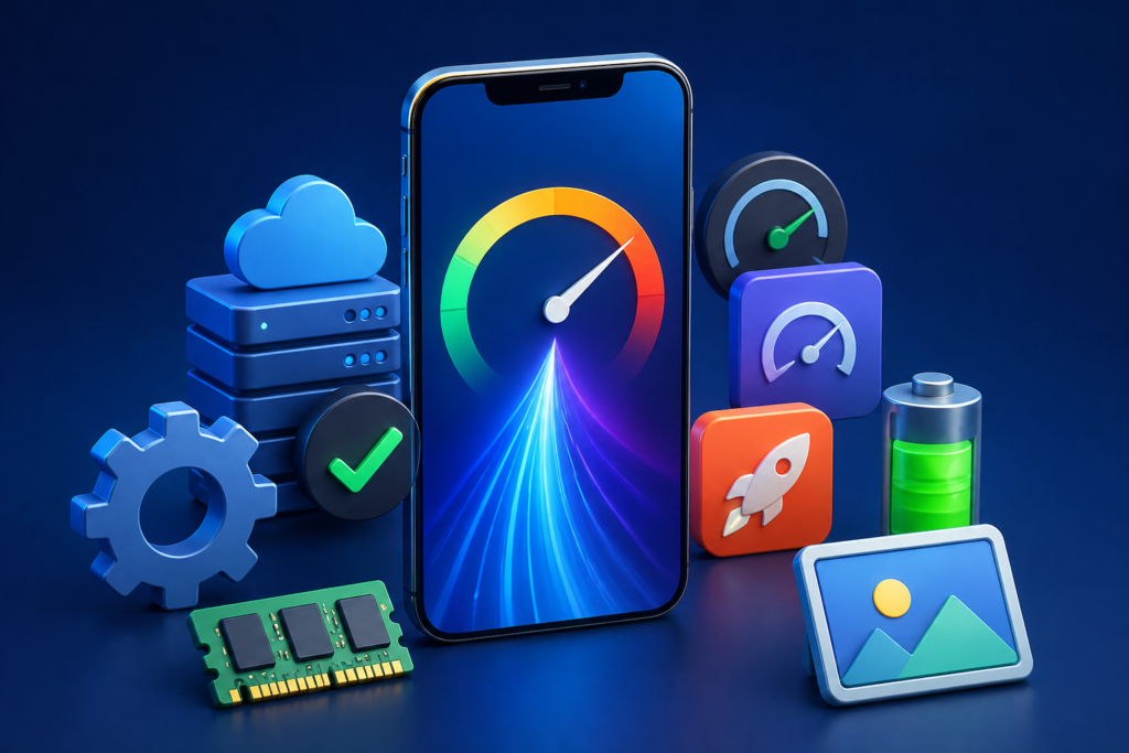 Mobile app performance optimization illustration showing app speed improvement, caching, memory optimization, battery efficiency, and user experience enhancement.
