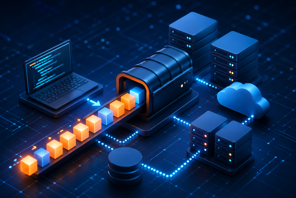 Backend Queue Management in 2025: Powerful Message Queue Strategies for Scalable Systems showing a futuristic data pipeline with servers, cloud computing, and message flow between systems