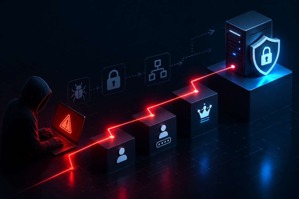 Futuristic cybersecurity illustration showing privilege escalation attacks in 2025 flow with hacker accessing secured systems and layered access control structure in a digital network environment.