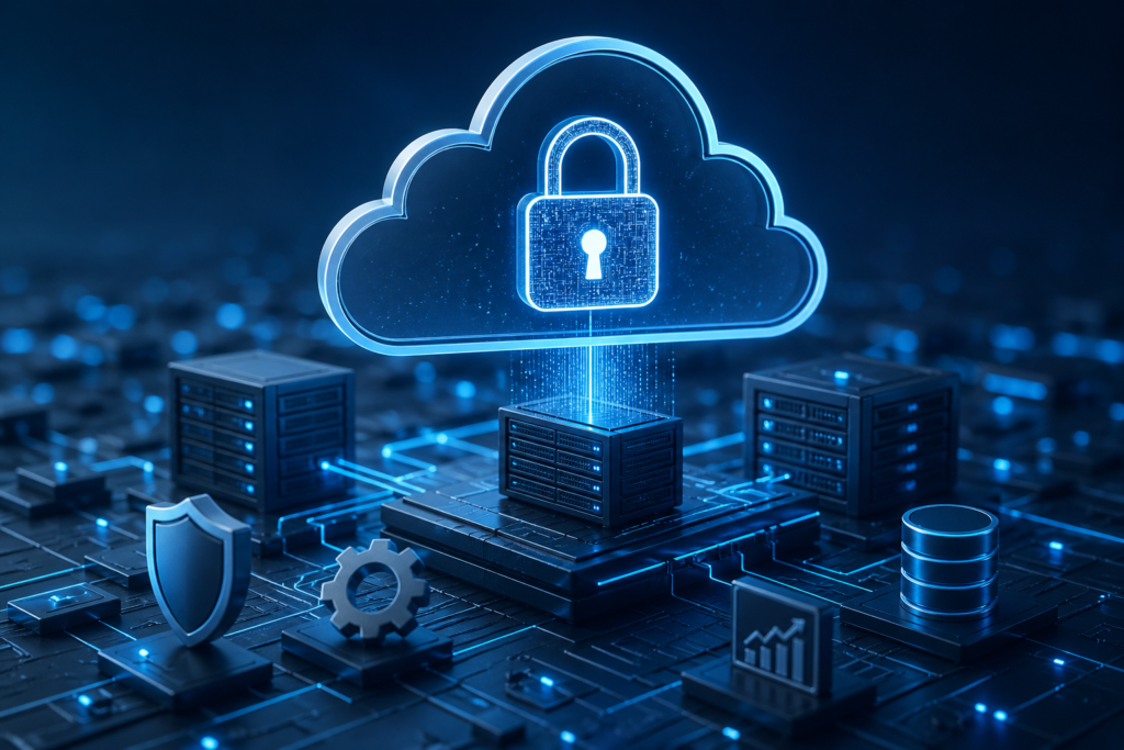 Cloud misconfiguration risks in cloud computing showing secure cloud storage, servers, and cybersecurity protection against data breaches