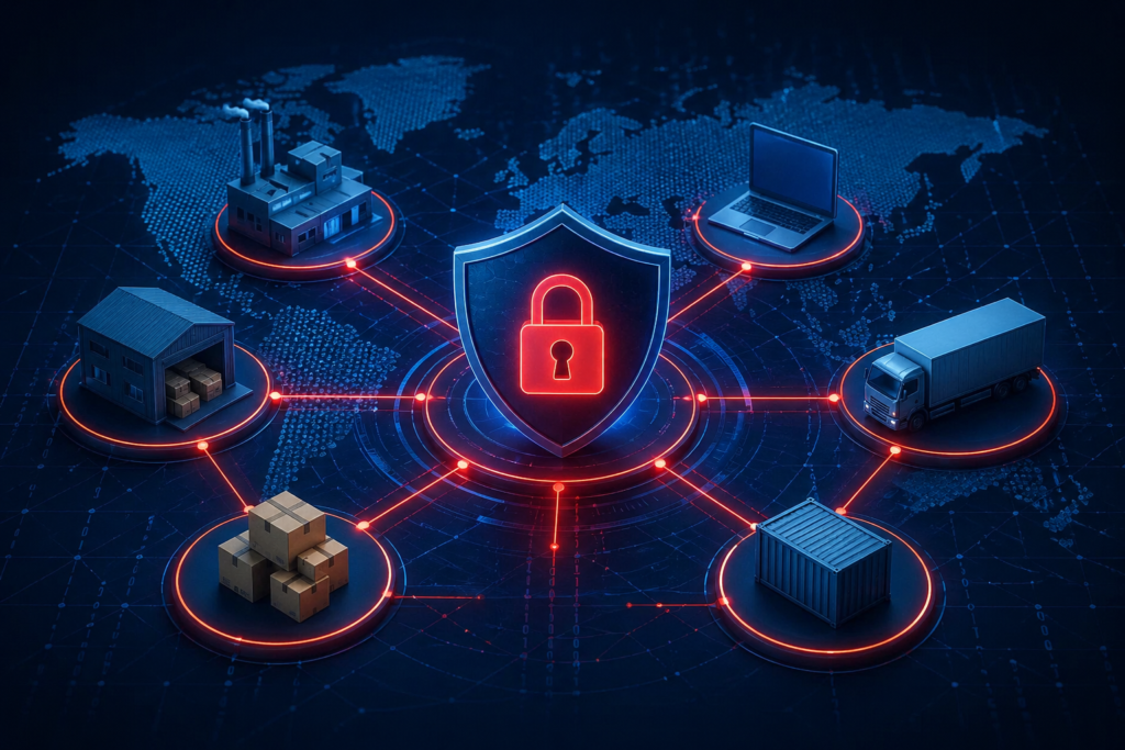 Supply Chain Cyber Attacks in 2025 cybersecurity defense concept showing secure global network, protected supply chain systems, and digital security shield across logistics and software infrastructure