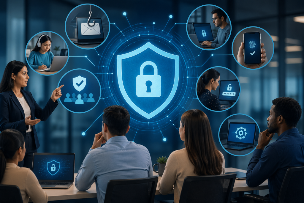 Cybersecurity awareness training session showing employees learning phishing detection, password security, and cyber risk prevention in a digital office environment