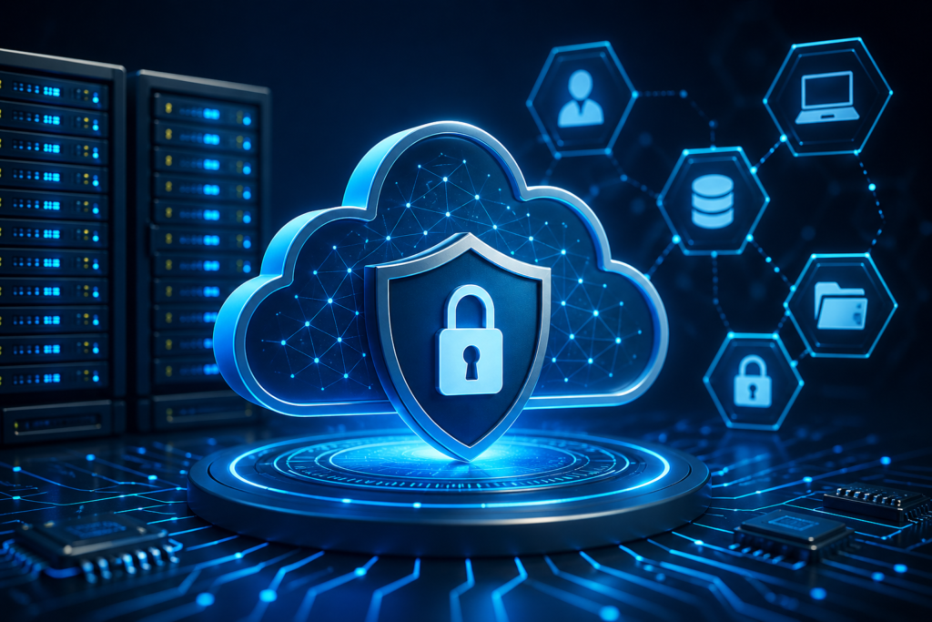 Cloud Workload Protection in 2025 showing advanced runtime cloud security with shielded cloud infrastructure, AI-based threat defense, and secure server environment for modern cyber protection