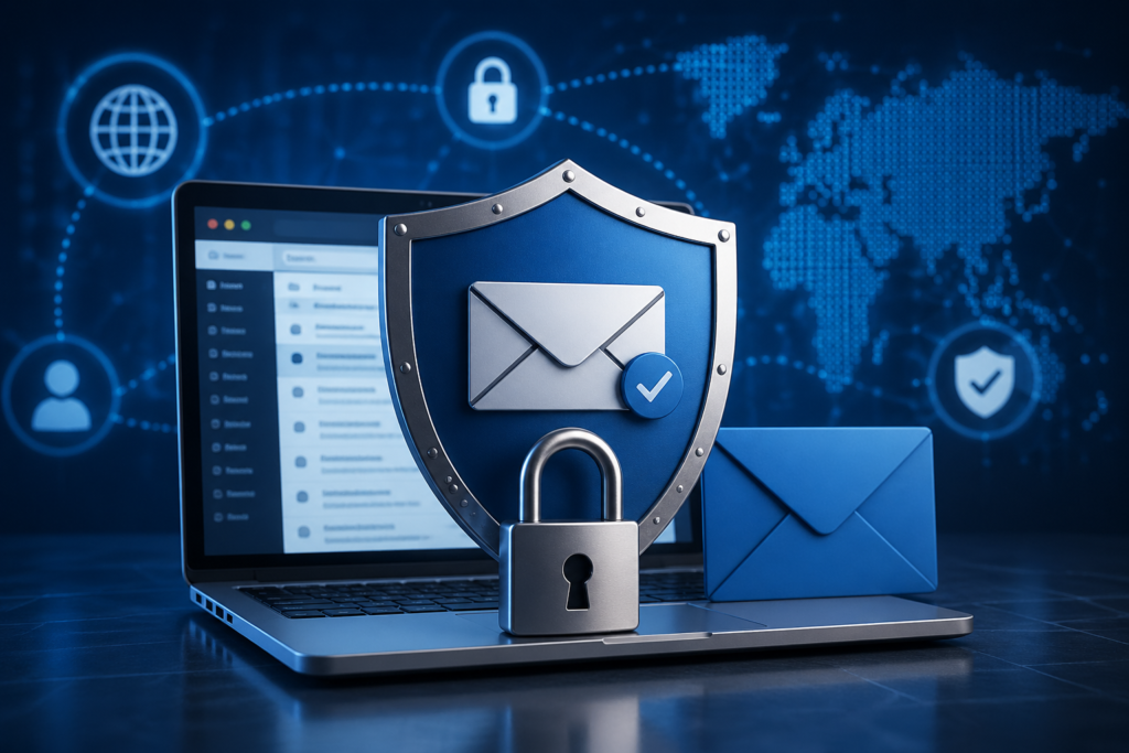 Email spoofing protection techniques cybersecurity concept with shield, secure email icon, and digital network security system in 2025