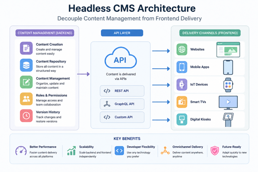 Headless CMS architecture in 2025 showing API-driven content delivery system connecting backend CMS with web, mobile apps, and cloud platforms