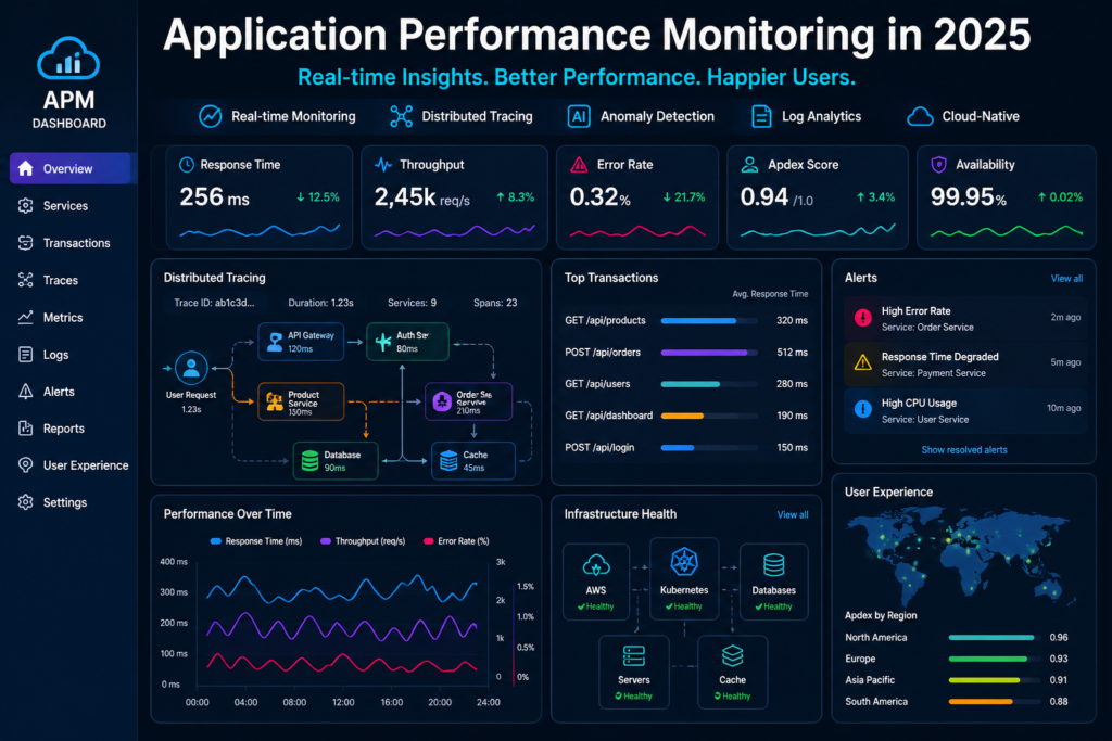 AI-powered application performance monitoring system detecting anomalies and predicting system failures in real-time infrastructure