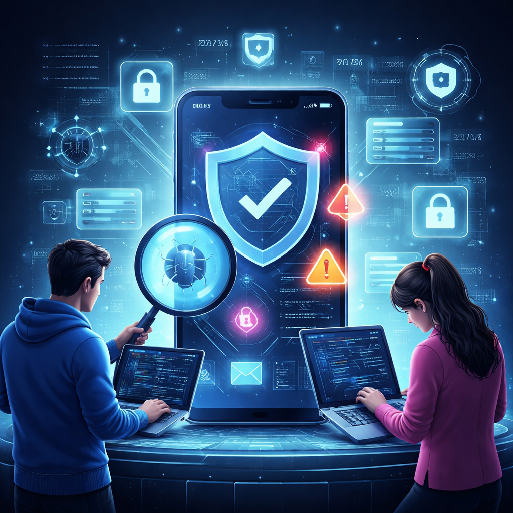 Mobile App VAPT in 2025 concept showing cybersecurity experts analyzing Android and iOS applications on multiple digital screens, highlighting vulnerability assessment and penetration testing with futuristic security interface, hacker detection visuals, and advanced cyber threat analysis in a blue dark corporate environment.