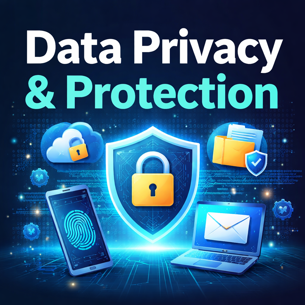 Digital illustration representing data privacy and protection, featuring a central shield with a lock symbol, surrounded by icons of cloud storage, fingerprint authentication, email, and secure files on a blue cybersecurity-themed background.