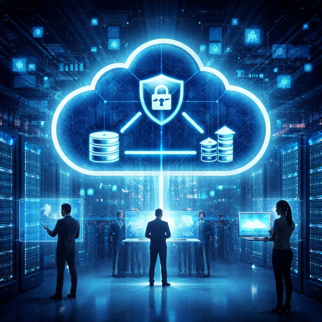 Cloud computing in 2025 showing data storage, security systems, and scalable cloud infrastructure powered by AI and global networks