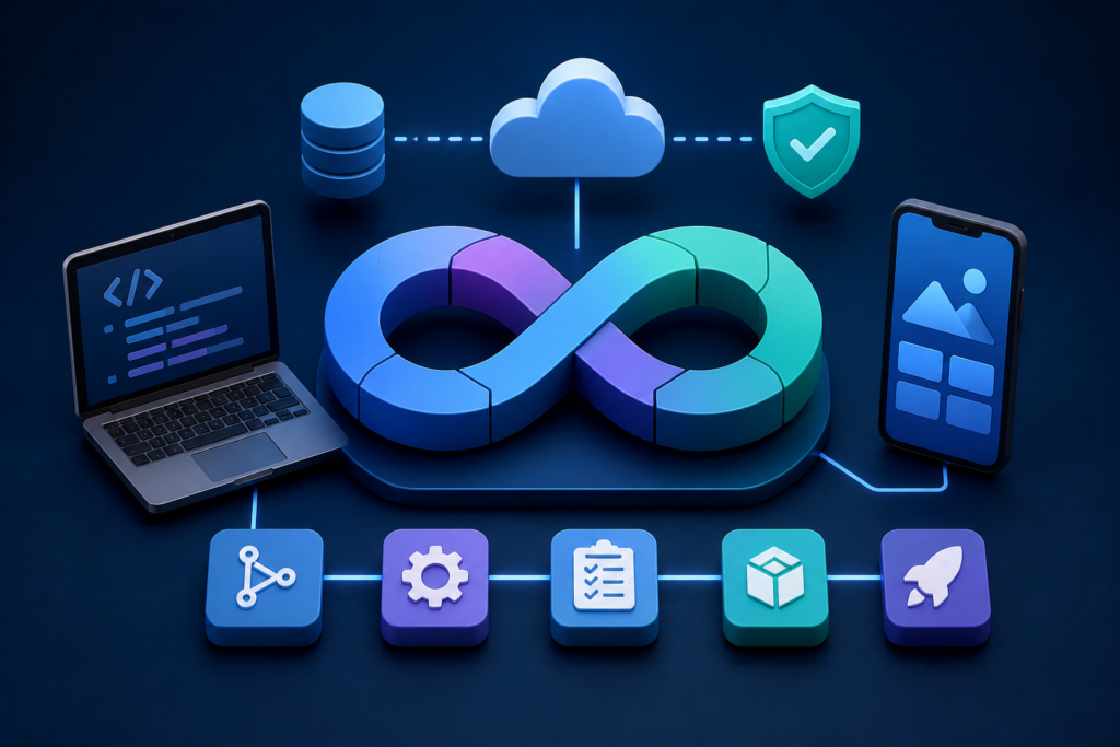 Mobile App CI/CD pipeline strategies for faster deployment automation showing modern DevOps workflow with continuous integration, testing, and deployment in a cloud-based system