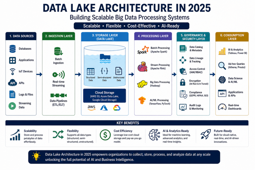 Data Lake Architecture in 2025 infographic showing scalable big data processing system with ingestion layer, cloud storage, processing layer, governance, and analytics for AI and machine learning applications.