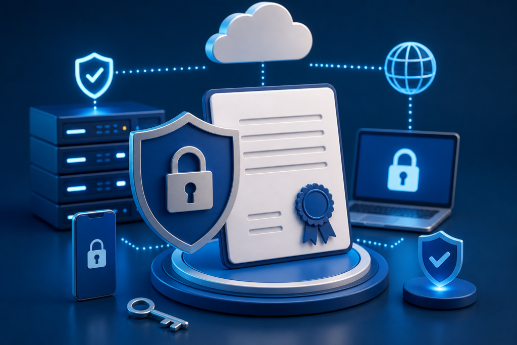 Digital certificate management in 2025 cybersecurity illustration showing secure PKI system with encrypted certificate, padlock security icon, cloud network, and enterprise digital protection concept
