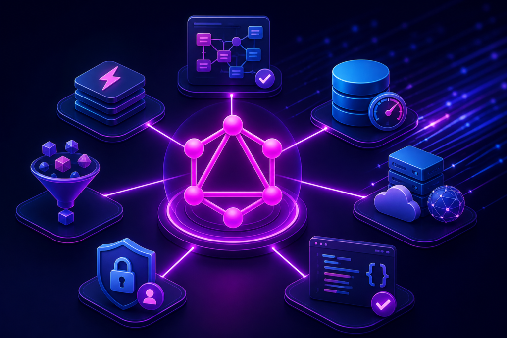 GraphQL API development architecture showing schema, resolvers, queries, and real-time data flow for fast and efficient backend communication
