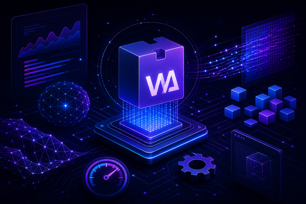 WebAssembly in 2025 performance optimization showing modern web applications with fast binary execution and optimized browser processing