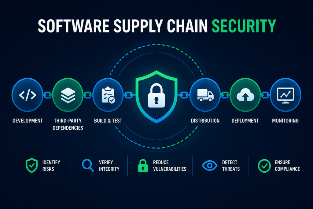 Software supply chain security diagram showing development, third-party dependencies, CI/CD pipeline, deployment, and monitoring with security protection layers