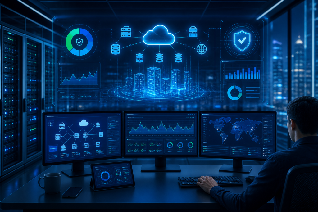 IT Infrastructure Monitoring dashboard showing real-time system performance, server health, network activity, and cloud resource tracking in a modern enterprise environment