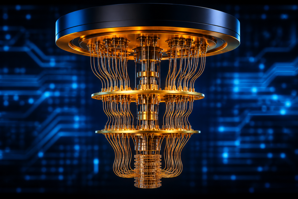 Quantum computing breakthroughs hardware system with advanced qubit structure and futuristic processing unit representing 2025 breakthroughs in quantum technology