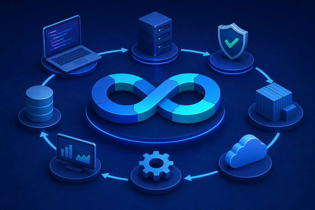 DevOps automation techniques workflow diagram showing CI/CD pipeline, Kubernetes, cloud infrastructure, and continuous integration process for faster deployment