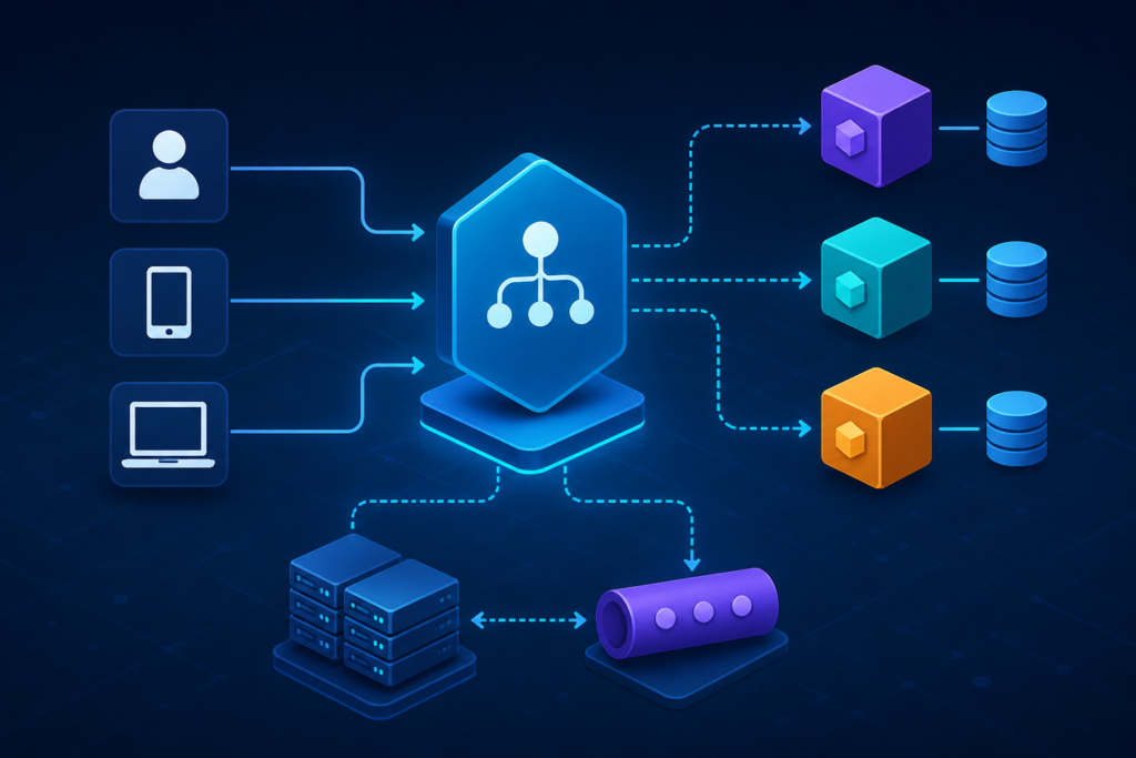 Microservices Design Patterns architecture diagram showing API Gateway, services communication, and distributed system workflow in scalable cloud systems.