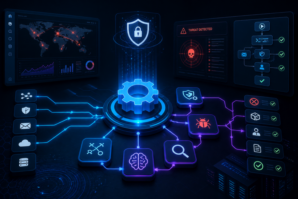 SOC automation techniques dashboard showing real-time threat detection in cybersecurity operations center