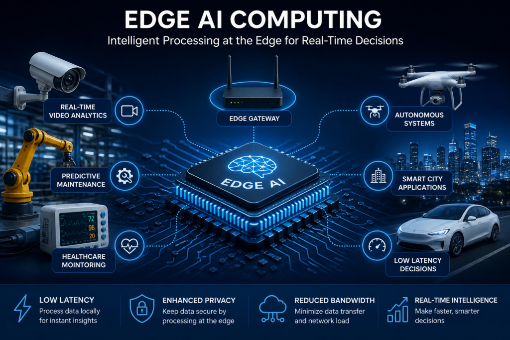 Edge AI computing innovations showing central AI chip connected to IoT devices, autonomous systems, healthcare monitoring, and real-time edge processing applications