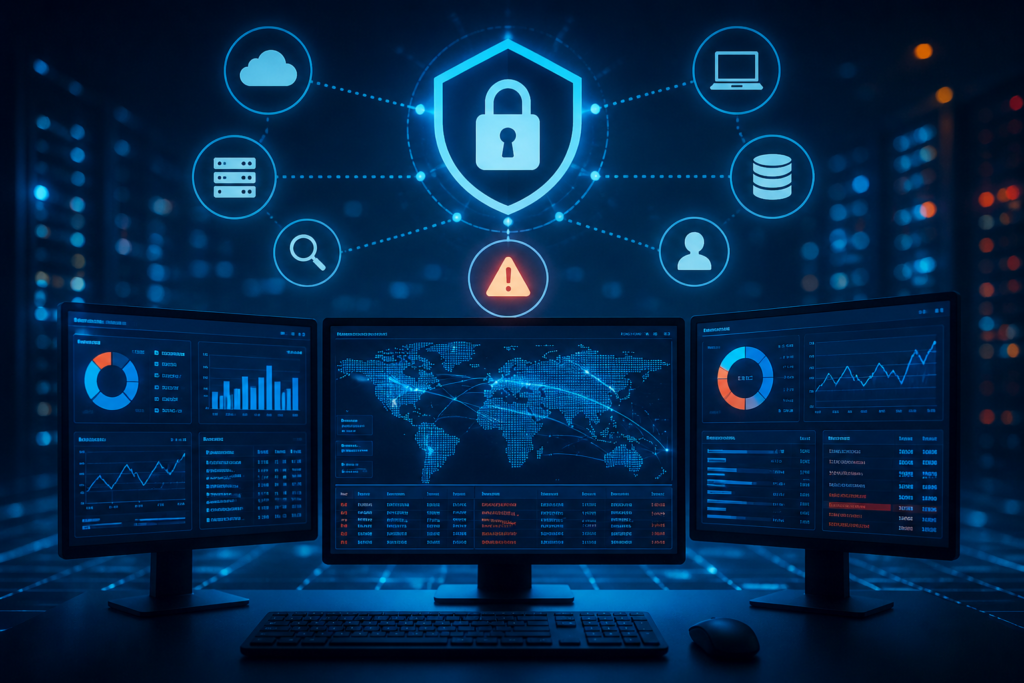 Security Compliance Automation dashboard showing real-time cybersecurity monitoring, SIEM analytics, threat detection alerts, and automated risk management system