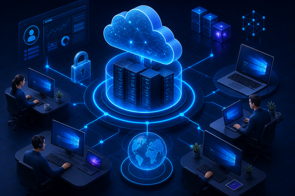 Virtual Desktop Infrastructure Optimization 2025 for remote workforce showing secure cloud-based virtual desktops, performance optimization, and enterprise IT infrastructure management